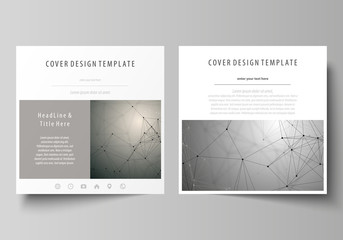 Business templates for square design brochure, flyer, booklet, report. Leaflet cover, abstract vector layout. Chemistry pattern, molecule structure on gray background. Science and technology concept.