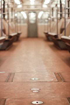 Interior of empty Sankt Petersburg subway car.