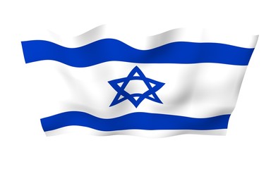 The flag of Israel. State symbol of the State of Israel. A blue Star of David between two horizontal blue stripes on a white field. 3d illustration