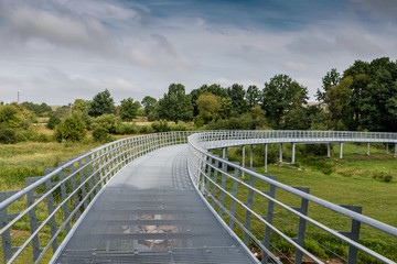 a wooden dock walks over a green swamp