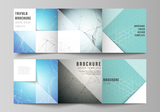 Minimal vector layout. Modern covers design templates for trifold square brochure or flyer. Technology, science, medical concept. Molecule structure, connecting lines and dots. Futuristic background