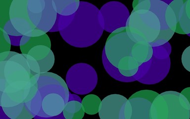 Multicolored translucent circles on a dark background. Green tones. 3D illustration