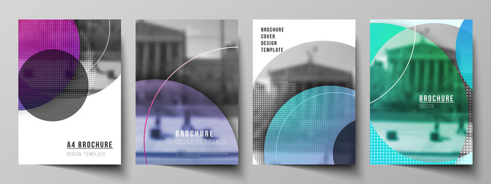 The vector layout of A4 format modern cover mockups design templates for brochure, magazine, flyer, booklet, annual report. Creative modern bright background with colorful circles and round shapes