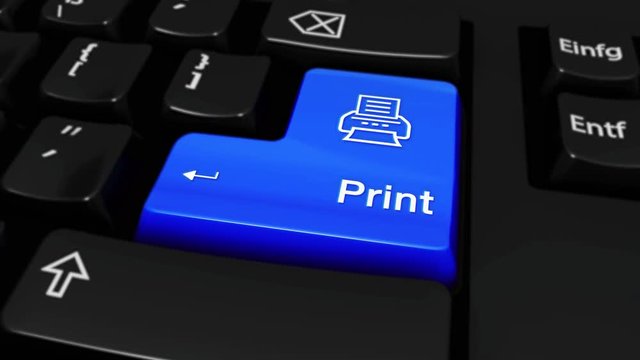 222. Print Round Motion On Blue Enter Button On Modern Computer Keyboard with Text and icon Labeled. Selected Focus Key is Pressing Animation. Print Media Concept