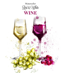 Wine glasses watercolor Vector. Vintage painted style illustrations
