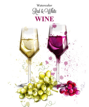 Wine glasses watercolor Vector. Vintage painted style illustrations