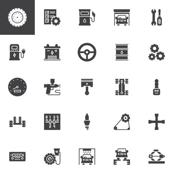 Car service vector icons set, modern solid symbol collection, filled style pictogram pack. Signs, logo illustration. Set includes icons as Tire, Garage, Piston, Steering wheel, Speedometer, Chassis