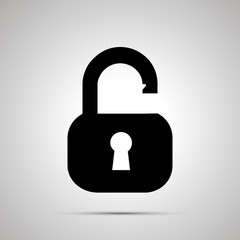 Open lock silhouette, simple black icon with shadow