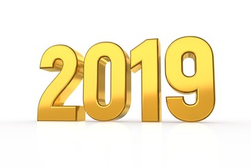 2019 Golden Numbers isolated on white background. Happy New Year 2019. 3D Illustration.