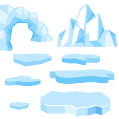 Set of cartoon vector blue floes and icebergs of different shape