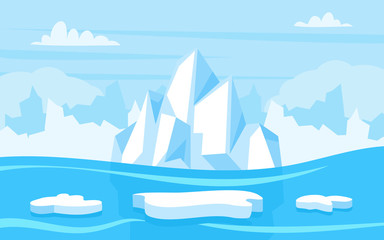 Cartoon illustration of arctic landscape with blue sky and iceberg, game background