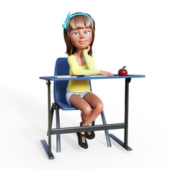 3d render of toon school girl at the desk
