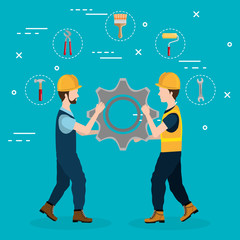 builders characters with construction equipment