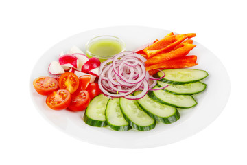 Snack, aperitif assorted fresh vegetables, cherry tomatoes, cucumber slices, radish, pepper, onion, butter sauce, basil, before alcohol, food on plate white isolated background Side view