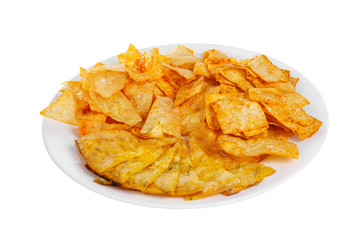Snack, aperitif Assorted fried potatoes, chips, cheese, with spices, peppers, before alcohol, food on plate, white isolated background Side view. For the menu, restaurant bar cafe