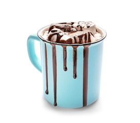 Metal cup of hot chocolate with marshmallows on white background