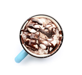 Metal cup of hot chocolate with marshmallows on white background