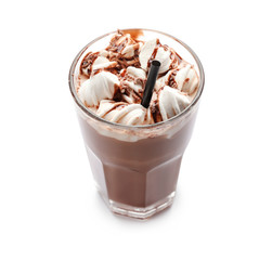 Glass of hot chocolate with marshmallows on white background