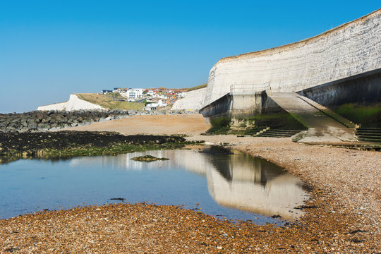 Undercliff coast walk in Saltdean, East Sussex, view of the sea in low tide, selective focus