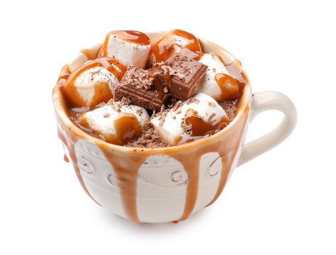 Cup Of Hot Chocolate With Marshmallows And Caramel On White Background