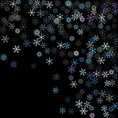 Falling down snow confetti, snowflake vector border. Festive winter, Christmas, New Year sale background. Cold weather, winter storm, scatter texture. Hipster snowfall falling snowflakes cool confetti