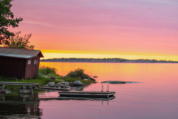 Looking past the swim float just after sunset on the Island of Asp&ouml; in Archipelago National Park (Sk&auml;rg&aring;rdshavet nationalpark), Finland, 4 days after the summer solstice.