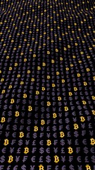 Fototapeta premium Bitcoin and currency on a dark background. Digital Cryptocurrency symbol. Wave effect, currency market fluctuations. Business concept. 3D illustration