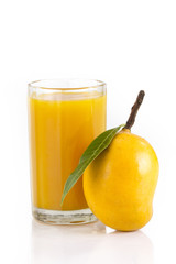 A single mango with Mango slices mango juice  and mango cubes isolated on a white background