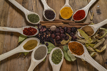 Assorted spices on wooden spoons. Delicious food ingredients.