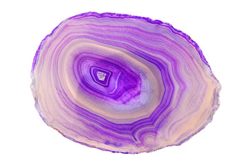 Amazing cross section of Violet Agate Crystal. Natural translucent agate crystal surface cut isolated on white background, Purple healing abstract structure slice mineral stone macro closeup - obrazy, fototapety, plakaty
