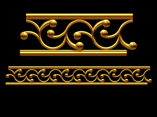 golden, ornamental segment, &ldquo;dance", straight version for frieze, frame or border. 3d illustration, separated on black