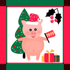 New Year 2019 symbol pig with tree and presents on white isolated
