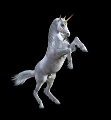 A 3d render of a white unicorn rearing isolated on black background.
