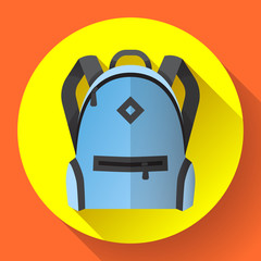 Icon of blue school school or travel backpack. Backpack with pockets for schoolchildren, students. Isolated on white background. Vector illustration.
