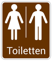Panneau en Allemange: Toilettes pour hommes et femmes, wc mixtes et unisexe - panneau pour salle de bain, toilettes et autres commodités en allemand