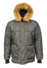 Winter jacket with fur hood on white background