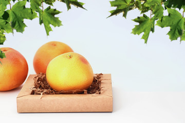 Fresh juicy grapefruits on a white table