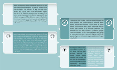 Four text frame for your text and brackets, checkbox, arrows, exclamation mark, question mark.