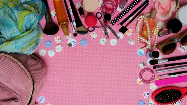 Top view stop motion on the theme of women's makeup accessories with text announcement what's in my bag