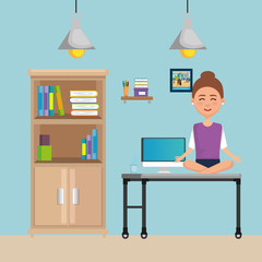business woman practicing yoga in office desk