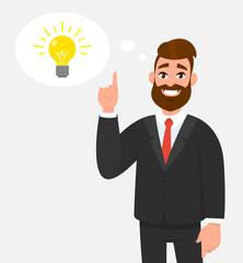 Thoughtful happy businessman pointing up to the bright bulb in the thought bubble. Idea, innovation, invention, problem solving, solution concept illustration in cartoon vector style.