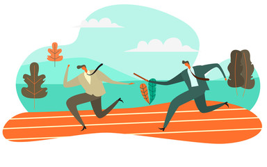 Businessman Passing Baton to His Colleague in Relay Race, Vector Illustration Teamwork concept 