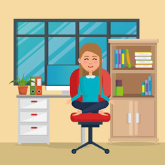 business woman practicing yoga in office chair
