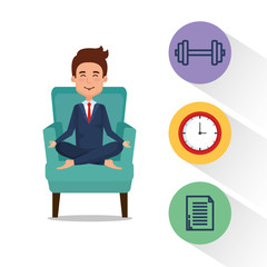 business man practicing yoga in the sofa