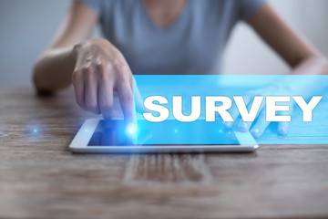 Survey text on virtual screen. Feedback and customers testimonials. ?Business internet and...