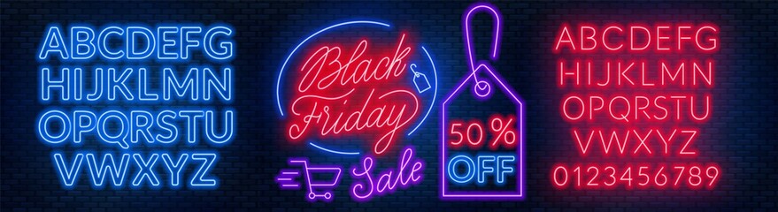 Black Friday neon lettering on brick wall background with the alphabet - obrazy, fototapety, plakaty