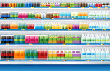 Fototapeta premium beverages for sale display on shelf in supermarket , vector , illustration