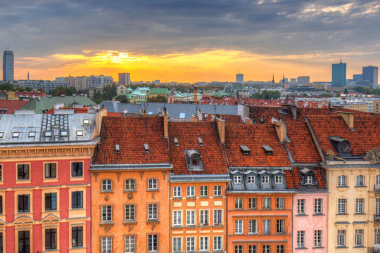 Architecture of the old town of Warsaw at sunset, Poland