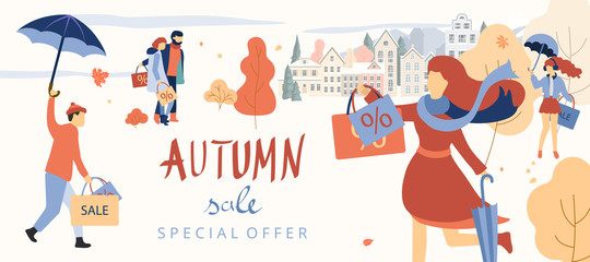 Autumn sale. Cityscape banner with people going shopping.