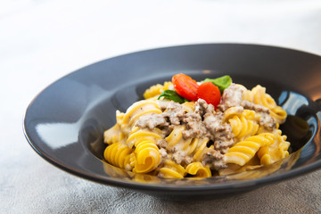 Radiatori pasta in a creamy tomato parmesan cheese sauce